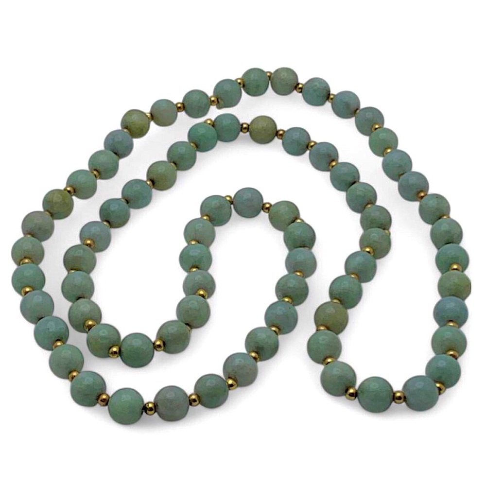 VINTAGE Jade and 14k Yellow Gold Spacer Beads Hand Strung Necklace 28” Long